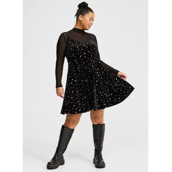 NWT Torrid 1 Black Stargazer Mini Velvet Foil Print Sleeveless Dress 1X 14 16 - Picture 2 of 13